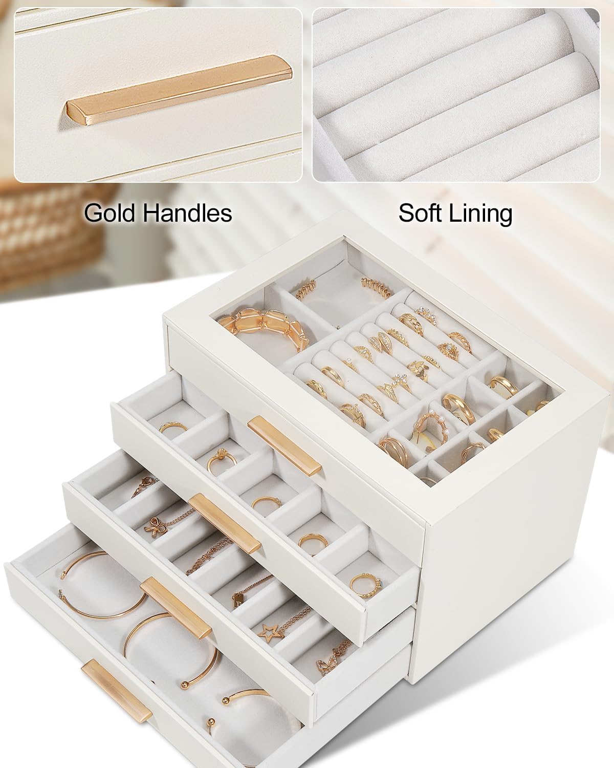 GUOER Joyero para mujer de 4 capas, organizador de joyas con tapa d...