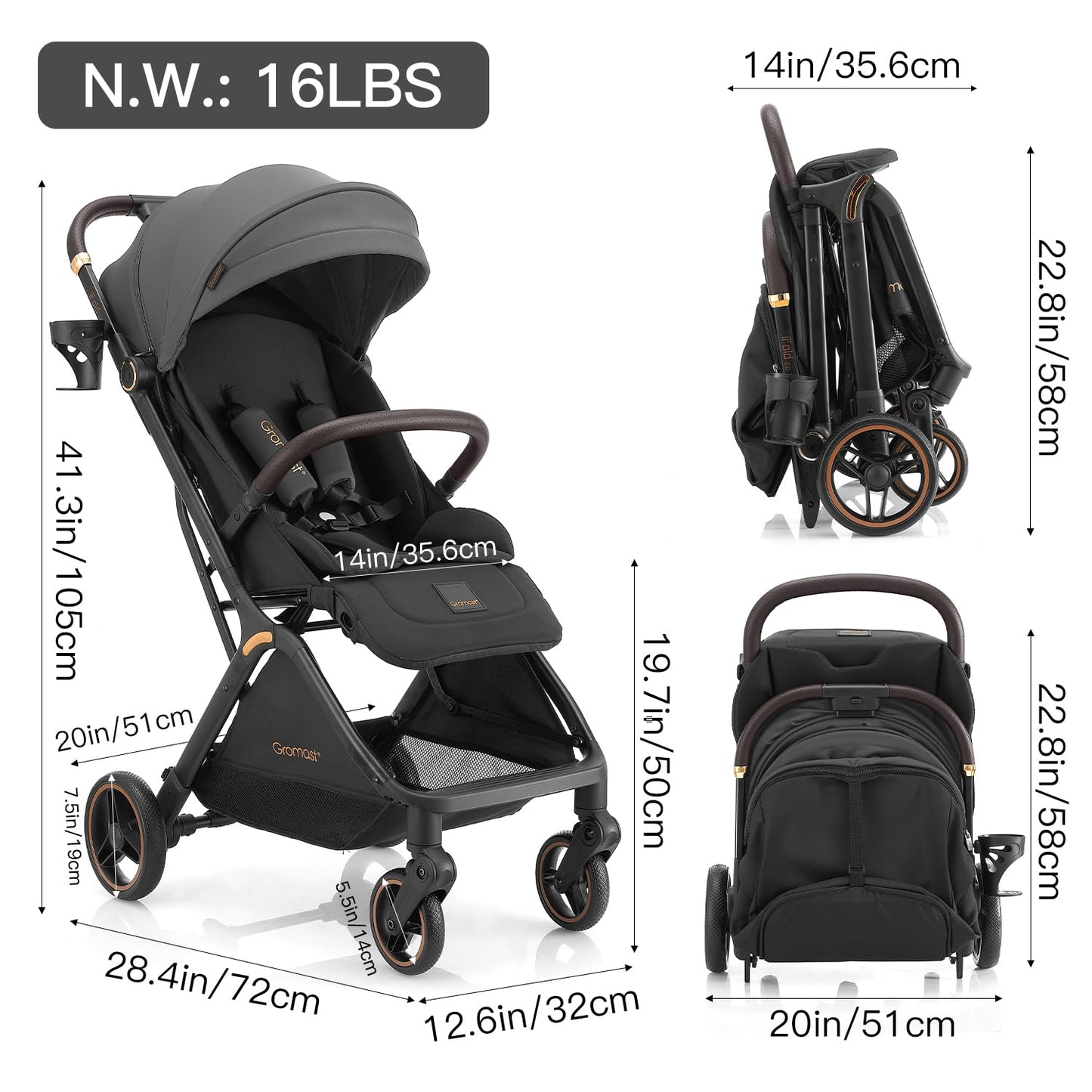 Gromast Cochecito de bebé plegable Gravity - Cochecito portátil de...