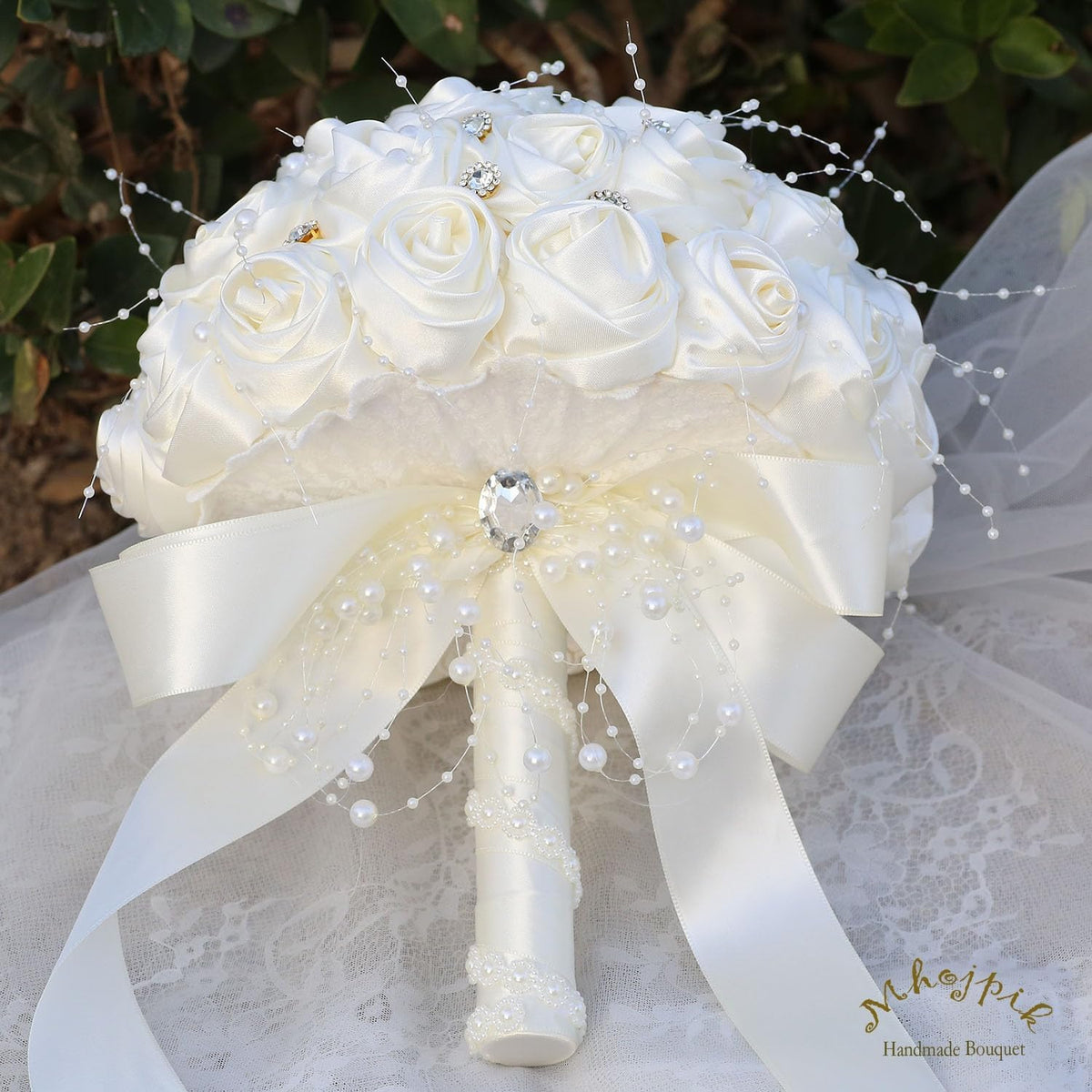 Mhojpik Ramo de Novia para Boda Redondo con Broche Brillante, Ramo...