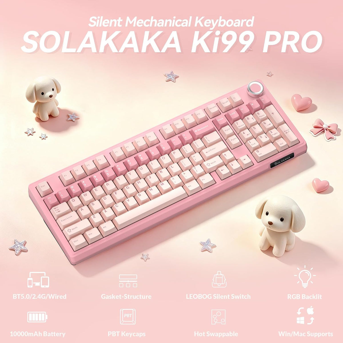 SOLAKAKA Teclado mecánico inalámbrico KI99 Pro 96% (rosa, interrupt...