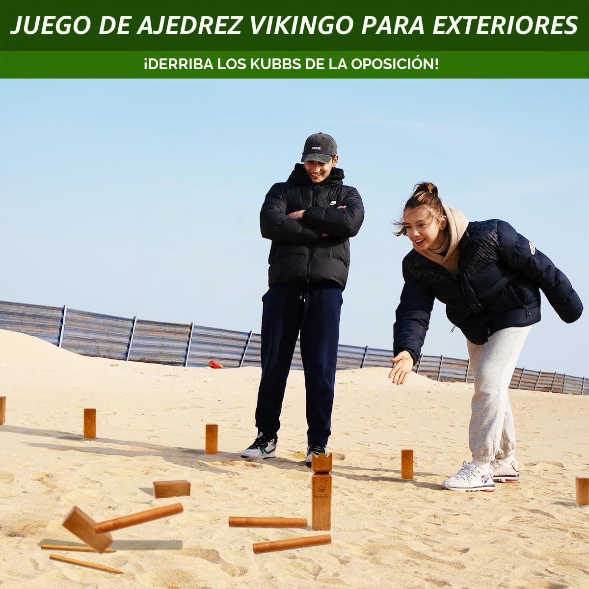 SunNordic Juego de jardín Kubb de madera de caucho con bolsa de tra...
