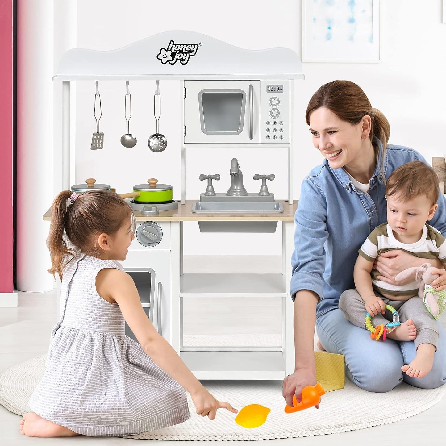 HONEY JOY Juego de cocina de madera para niños con microondas, freg...