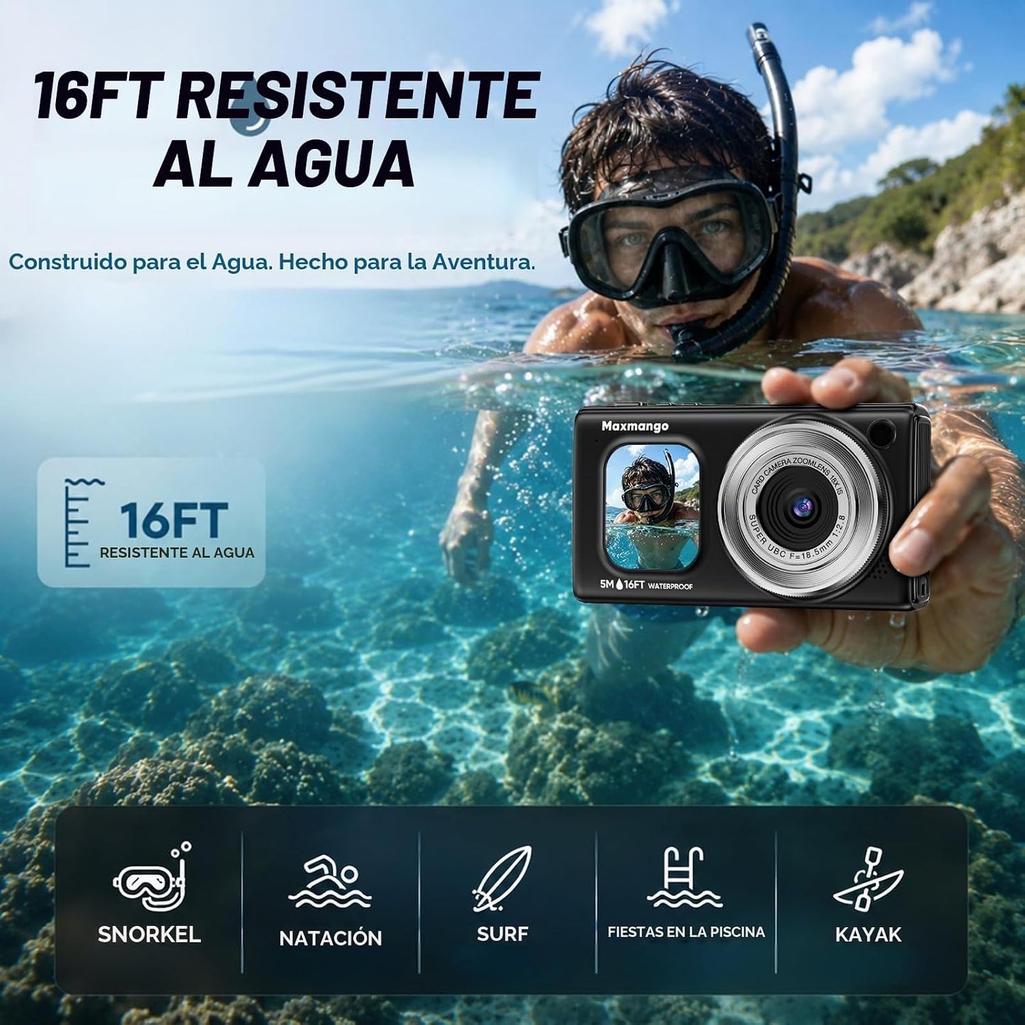 Cámara digital subacuática de 16 pies, 4K 48MP 1500mAh batería desp...