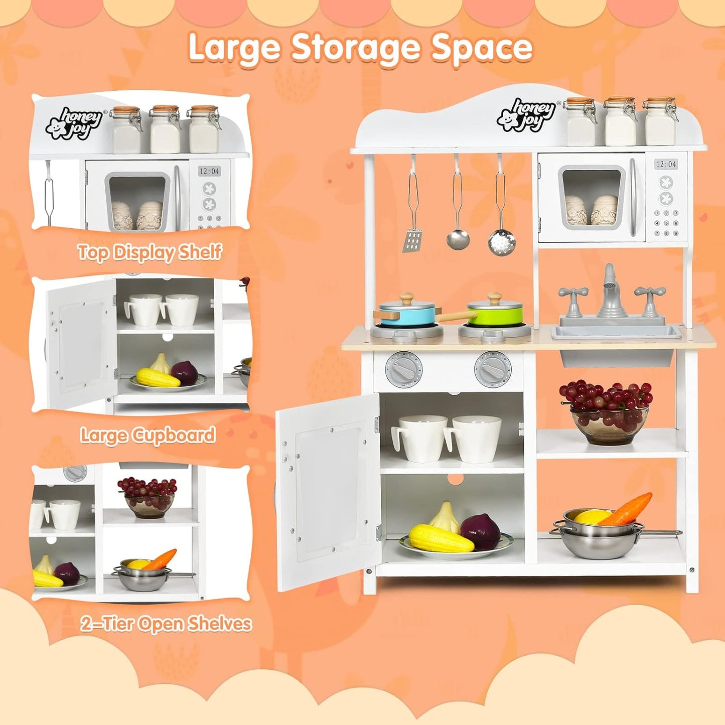 HONEY JOY Juego de cocina de madera para niños con microondas, freg...