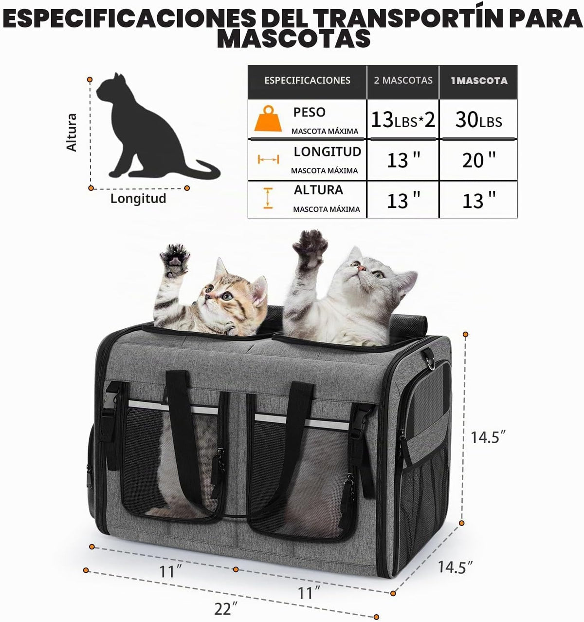 Groxkox Transportador de gatos para 2 gatos, plegable doble para ga...