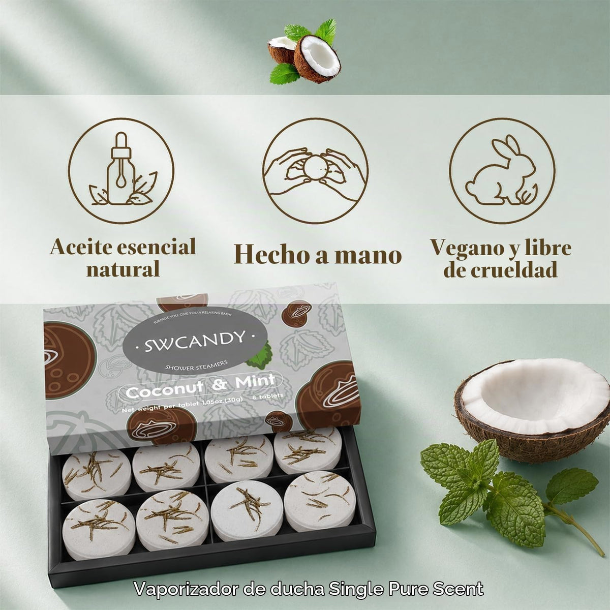 SWCANDY Vaporizadores de ducha de coco y menta, paquete de 8, cuida...