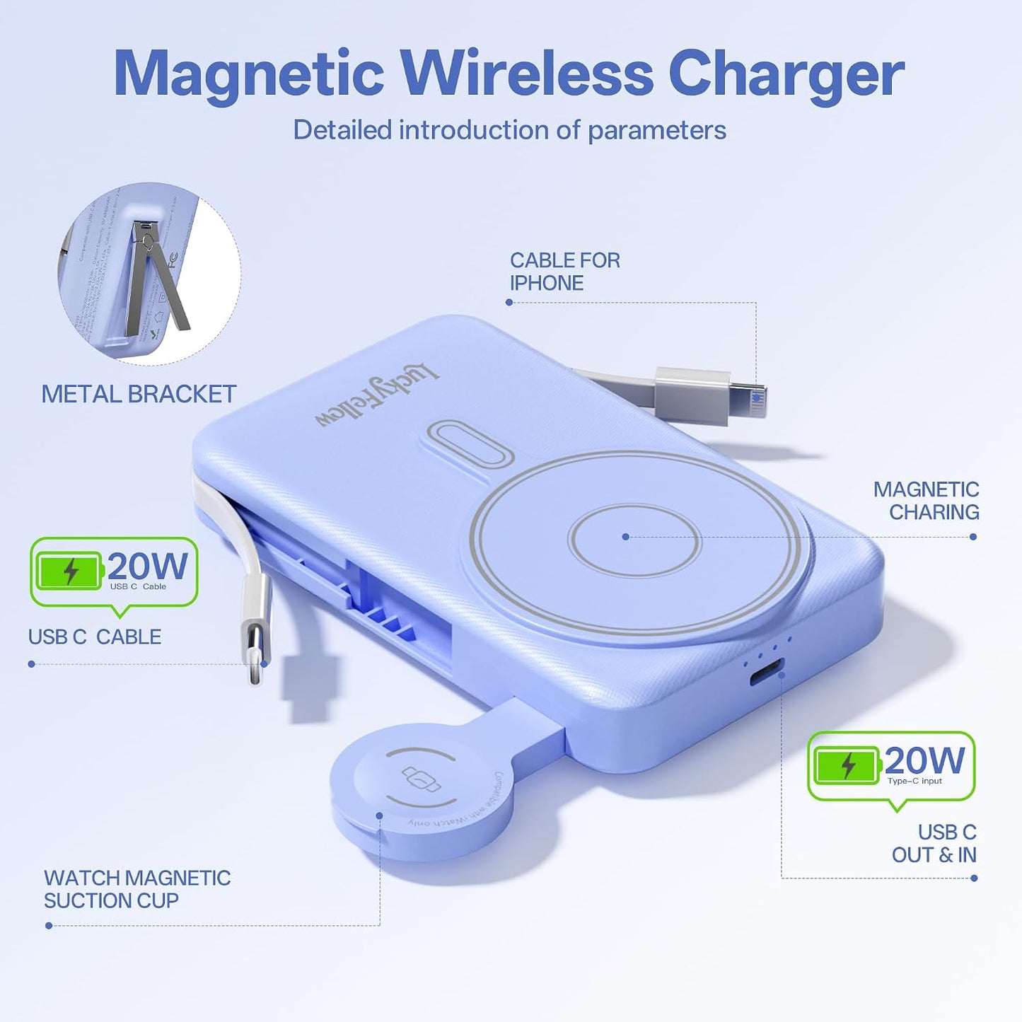 Cargador Portátil Magnético con Cables Integrados, Estación de Carg...
