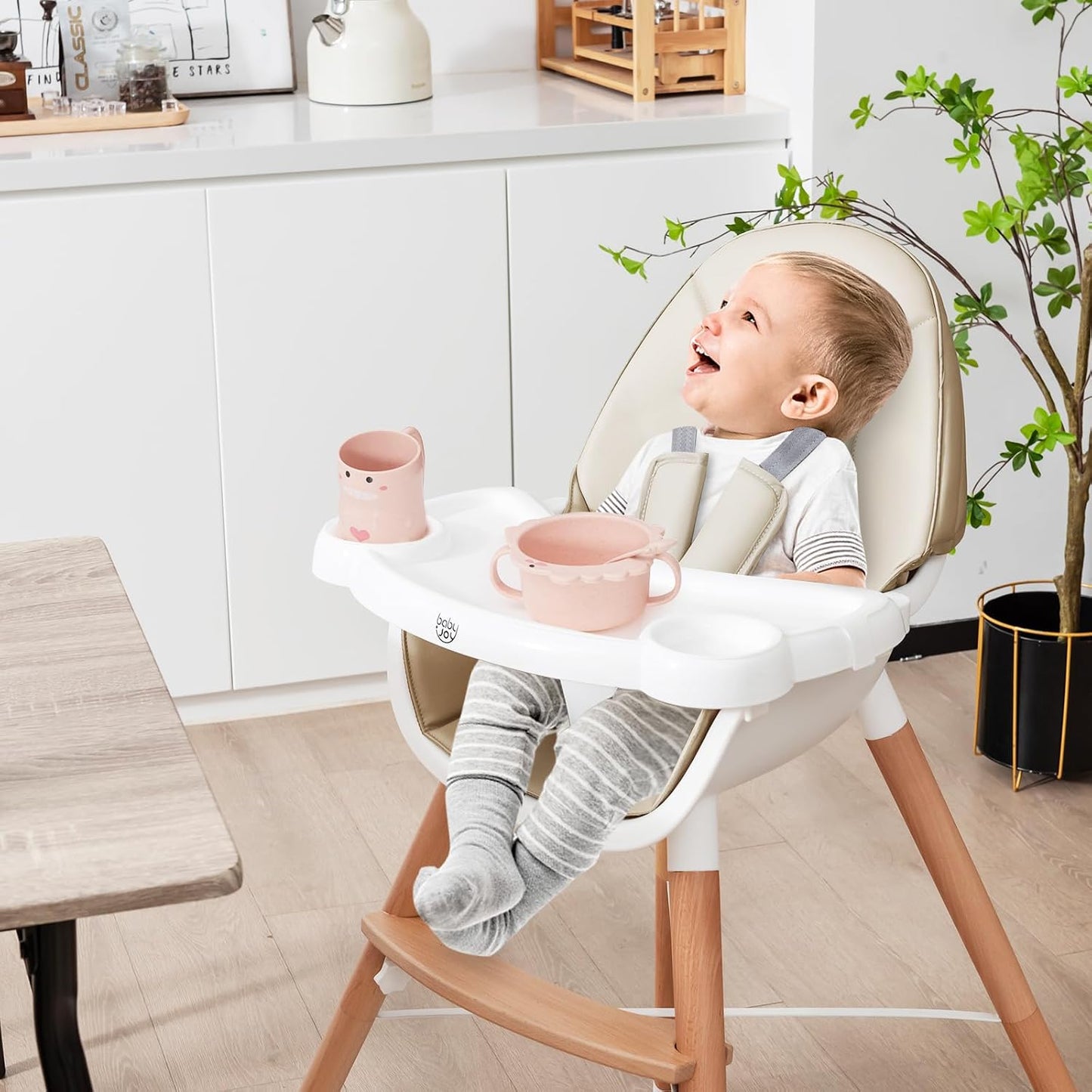 BABY JOY Silla alta para bebé, silla alta de madera para bebés y ni...