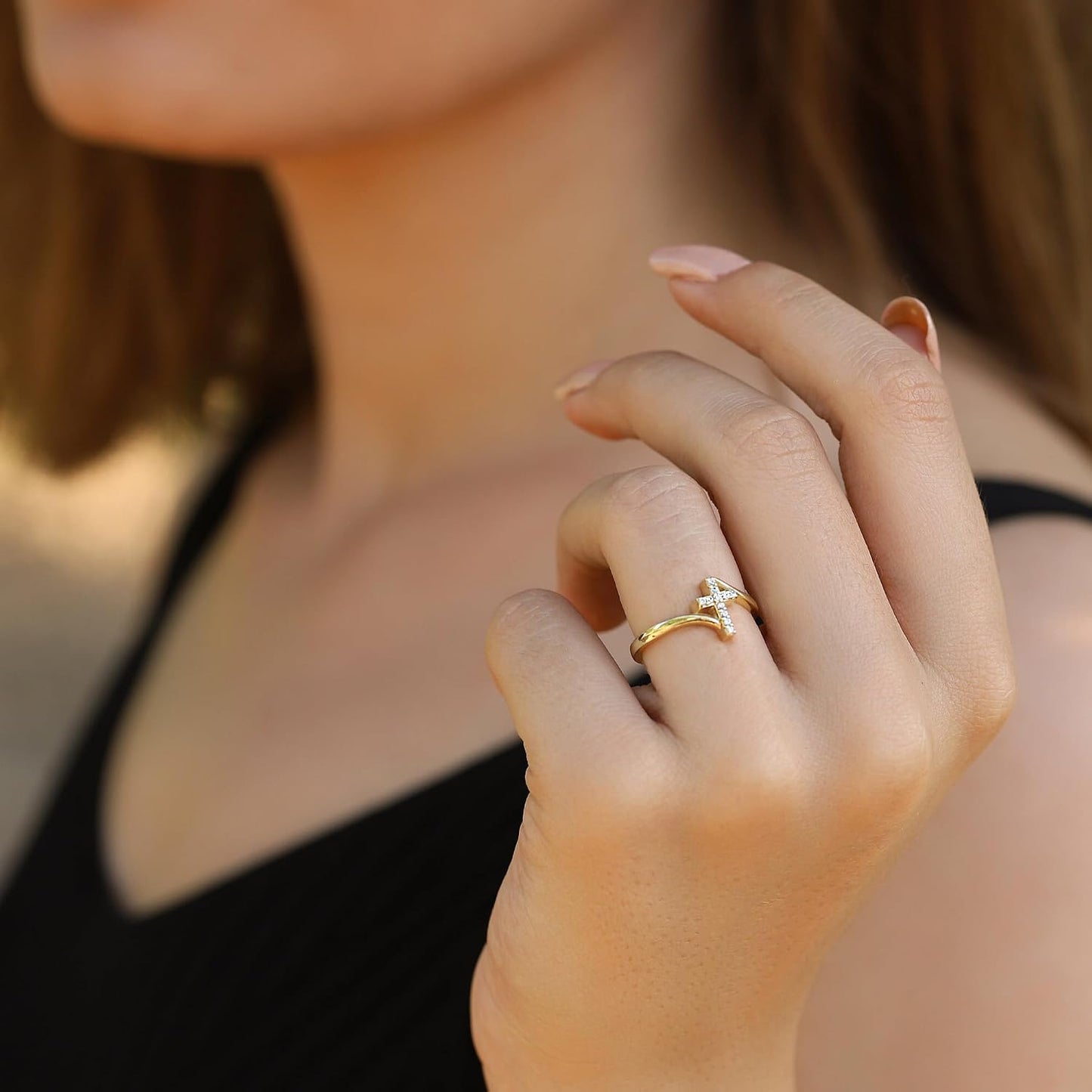 Punhem Anillos de oro con cruz para mujer, oro de 14 quilates, tono...