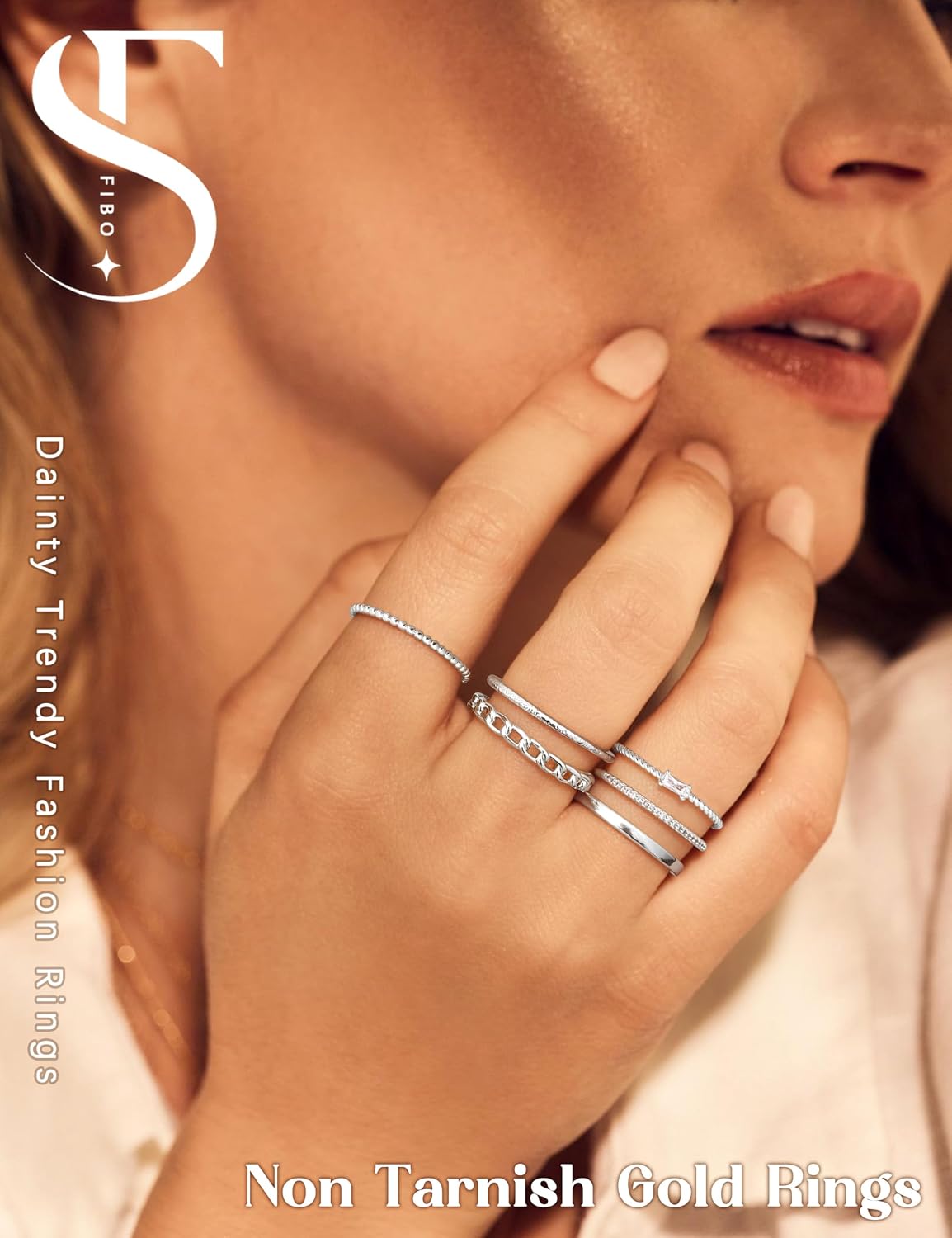 FIBO STEEL Juego de 6 anillos apilables para mujer, no se deslustra...