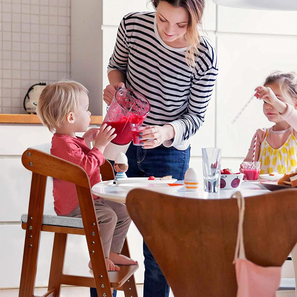 Silla alta de madera para niños pequeños, silla de comedor ajustabl...