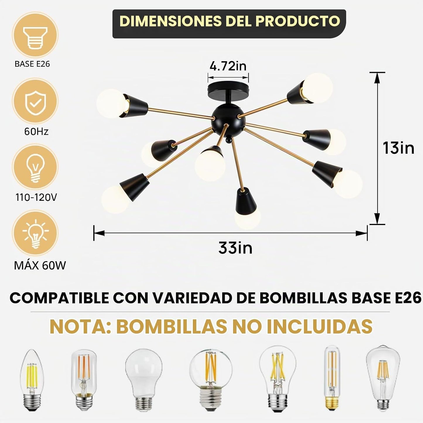 Candelabro Sputnik moderno, 8 luces de techo negras y doradas | Fác...