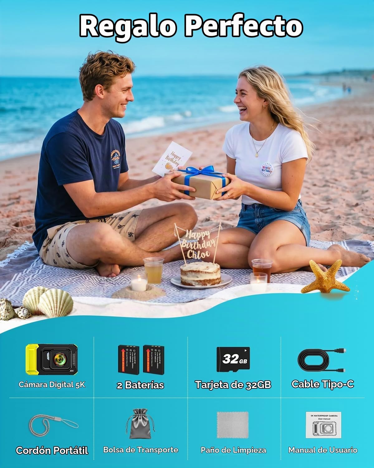Cámara subacuática 5K 33FT Cámara digital impermeable con enfoque a...