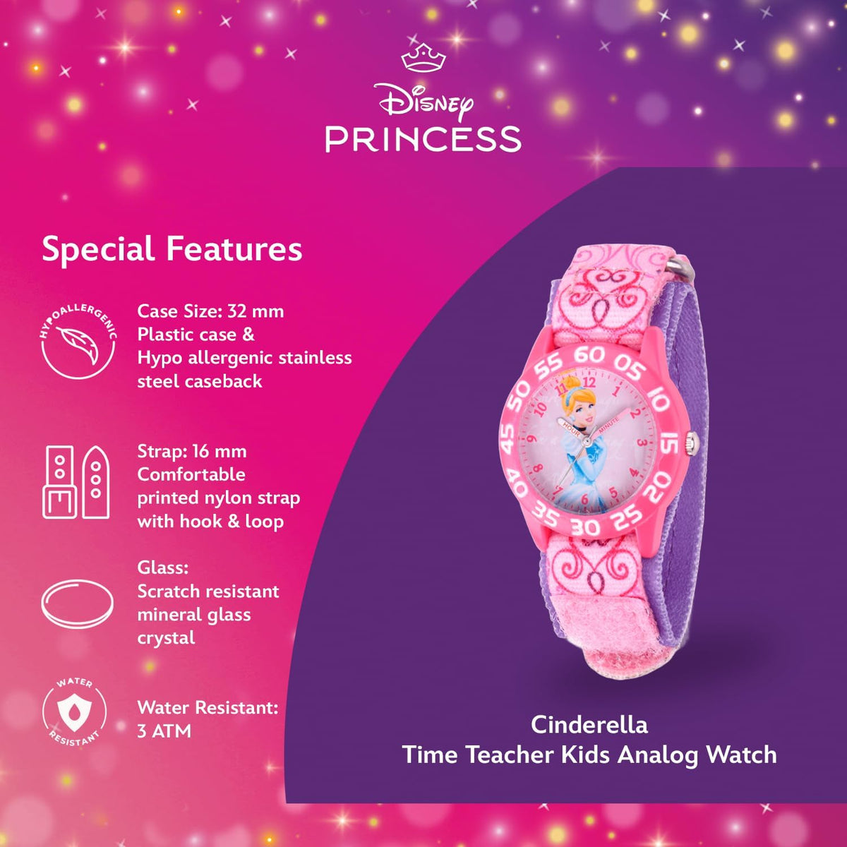 Disney Princess - Reloj analógico de cuarzo con correa de nailon pa...