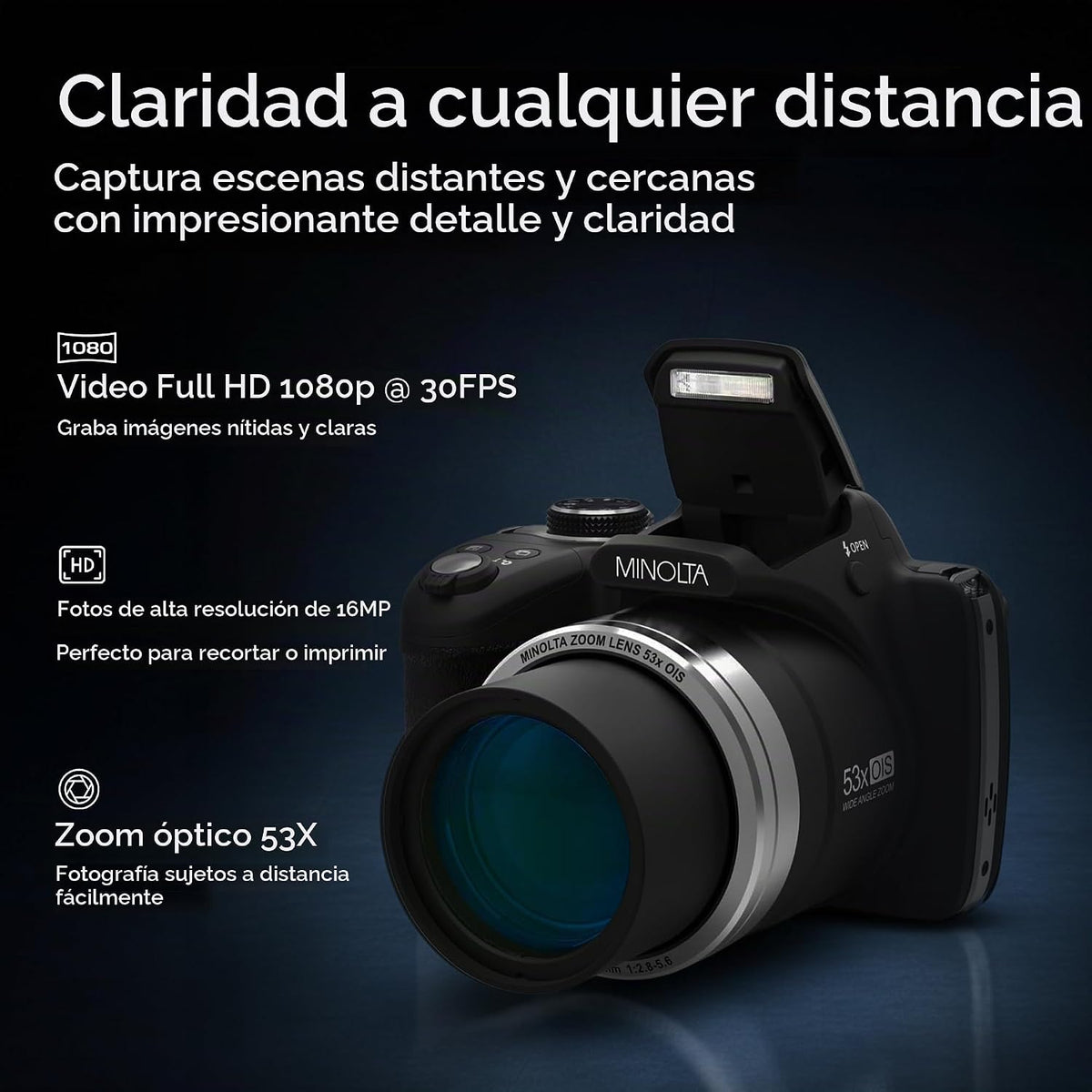 Minolta Pro Shot - Cámara digital HD de 16 MP, zoom óptico de 53x,...