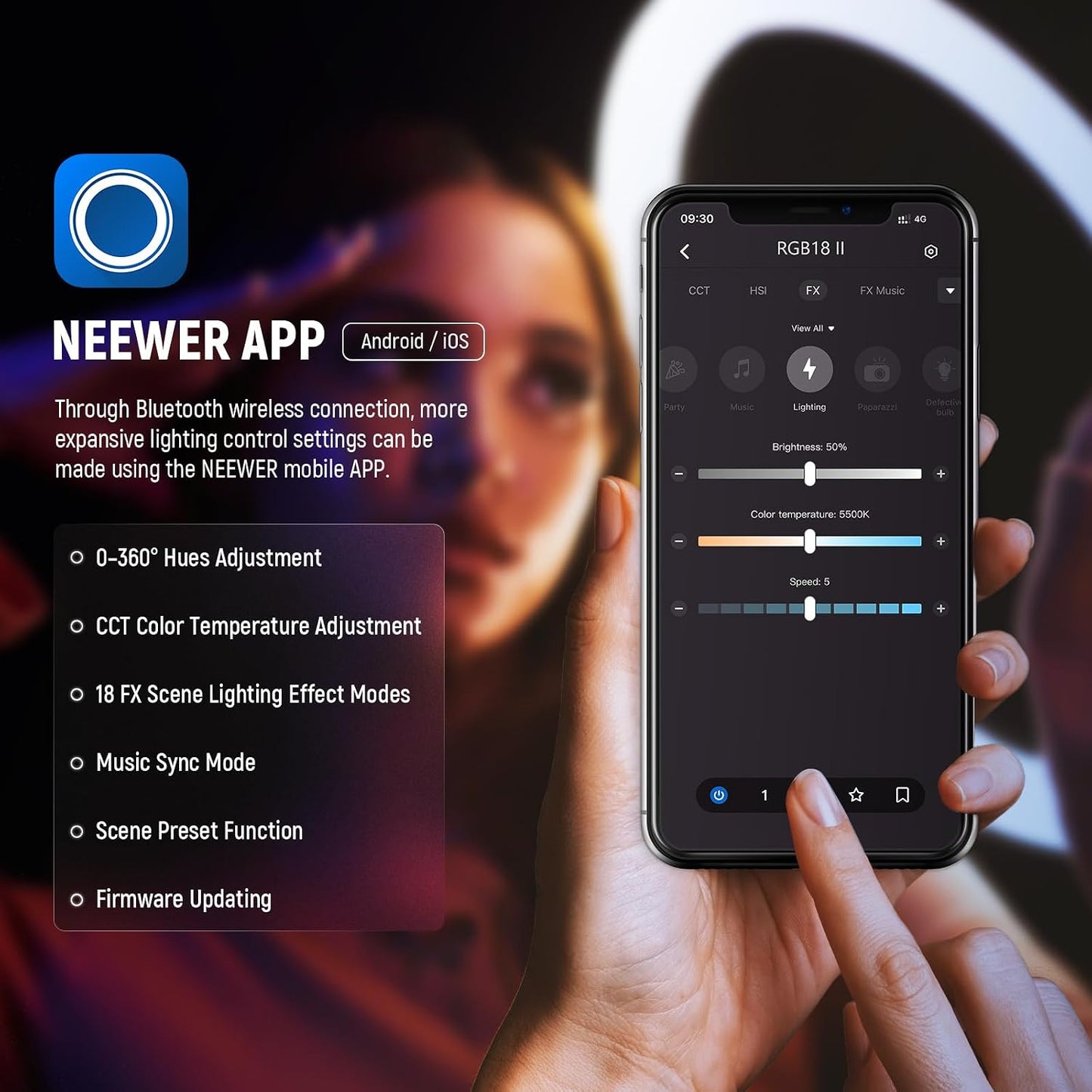 NEEWER - Anillo de luz LED RGB de 18 pulgadas con control por aplic...