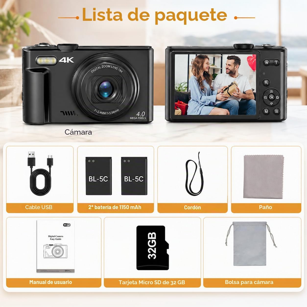 Cámara digital 4K para fotografía, cámara de vlogging de 64MP para...