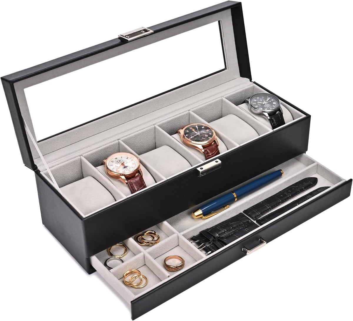ProCase Caja de reloj, vitrina de reloj de 6 ranuras con cajón, col...