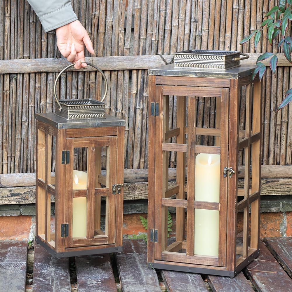 DECORKEY Juego de 2 faroles de metal de madera grandes de granja, 2...