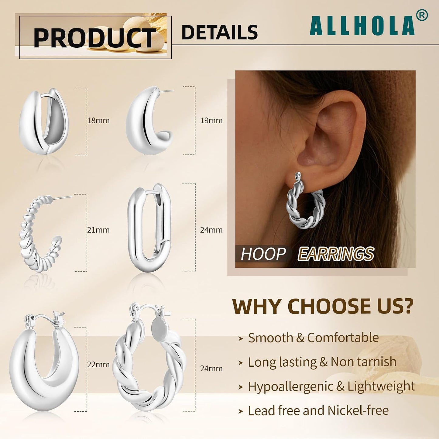 6 pares de aretes de aro chapados en oro de 14 quilates para mujer,...
