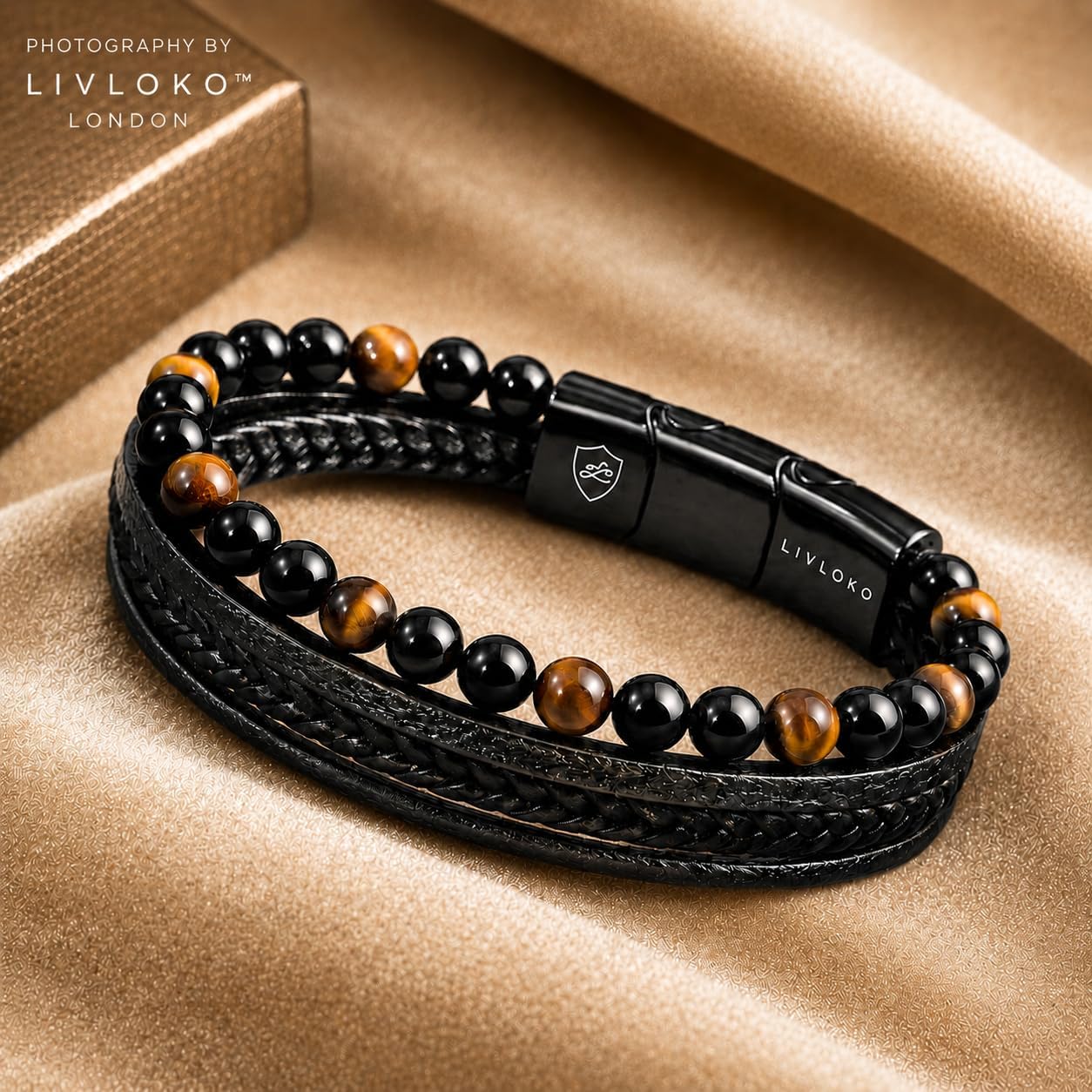 Pulsera de cuero para hombre LIVLOKO LONDON, negra, multicapa, con...