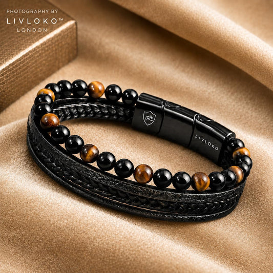 Pulsera de cuero para hombre LIVLOKO LONDON, negra, multicapa, con...
