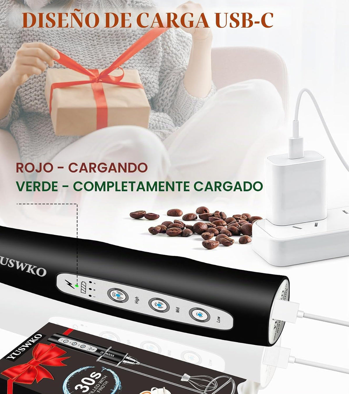 YUSWKO Varita espumadora de leche de mano para café, batidor eléctr...