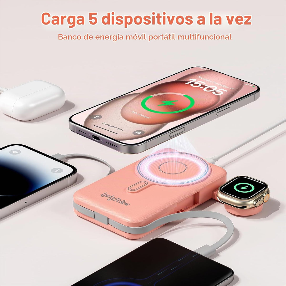 LUCKYFELLOW Cargador portátil magnético de 10000 mAh, cables integr...
