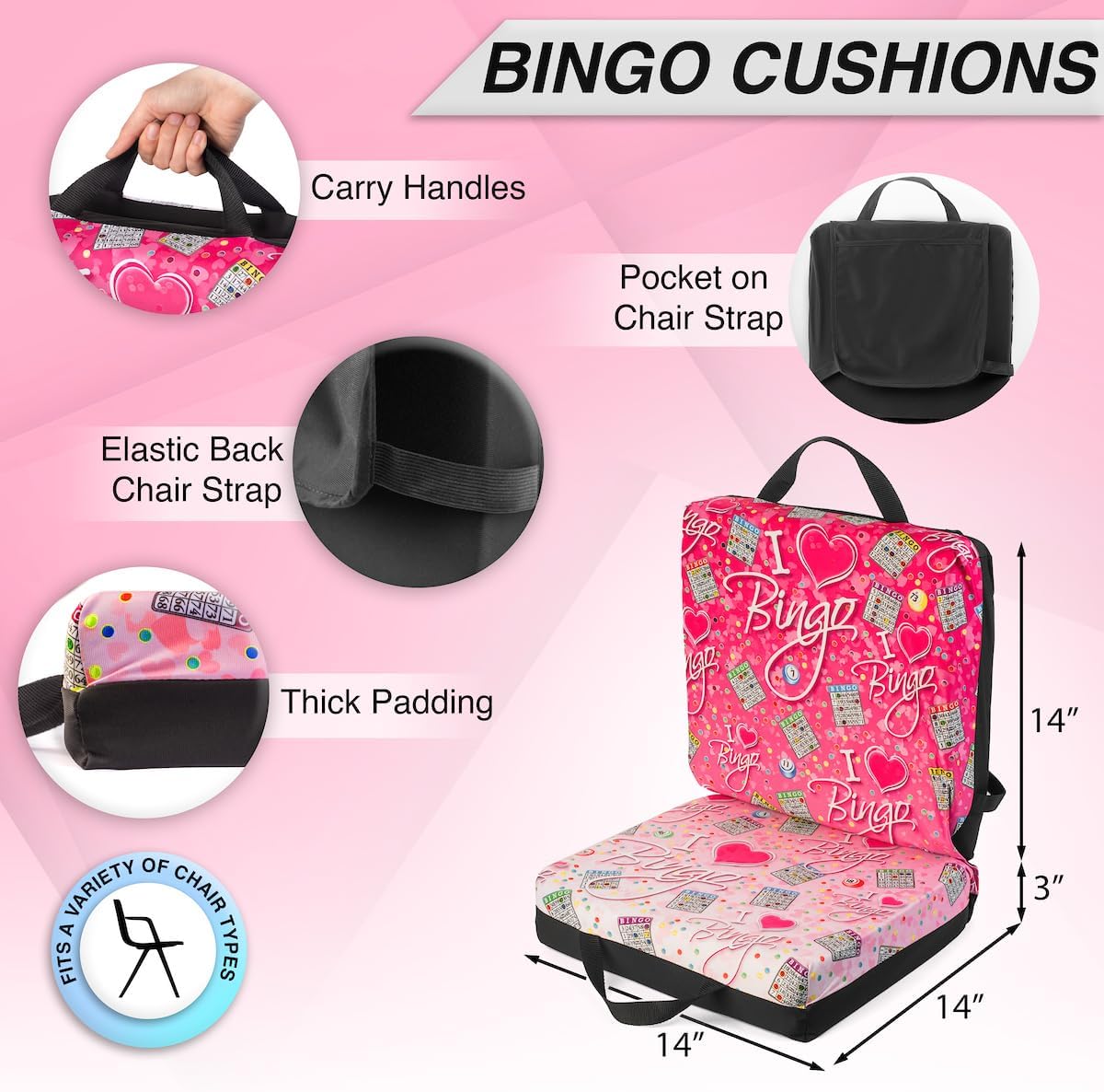 I Love Bingo Cojín de asiento con patrón rosa\/negro, cojín extra g...