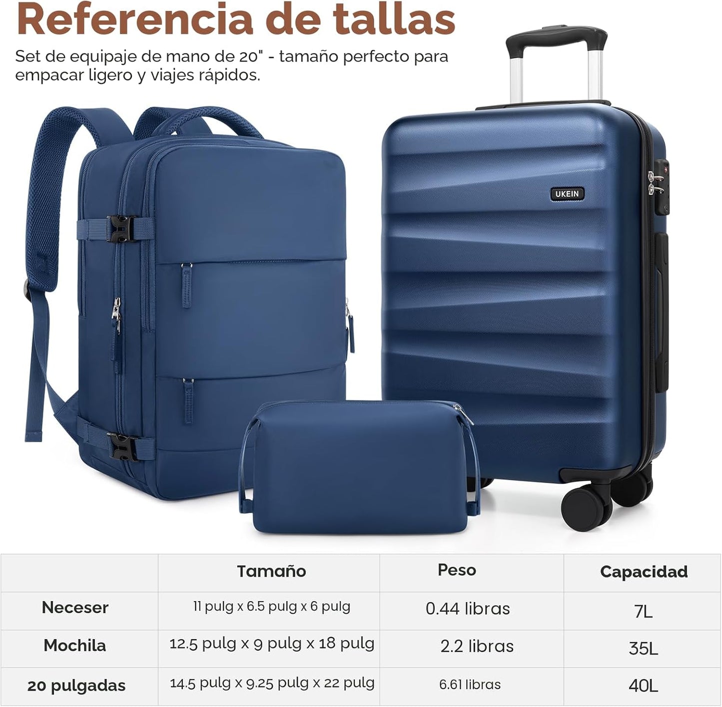 Juego de maletas UKEIN con mochila, equipaje de mano de policarbona...