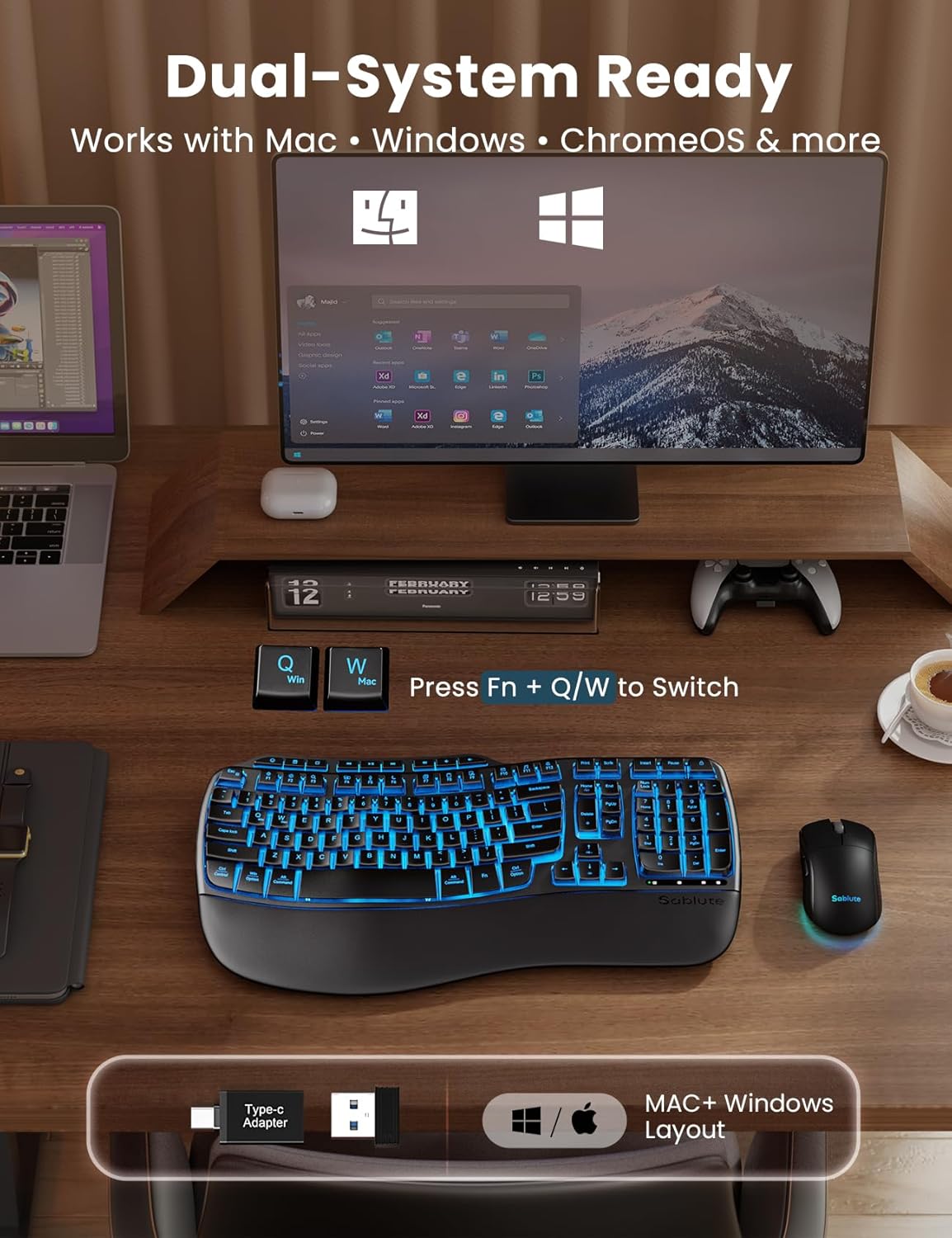 Combo ergonómico de teclado y mouse inalámbricos, teclado retroilum...