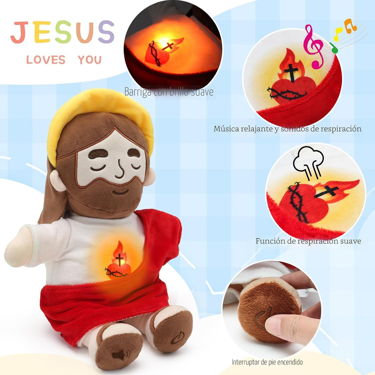 Yelakey Muñecos de peluche de Jesús relajantes con luz y sonido, mu...