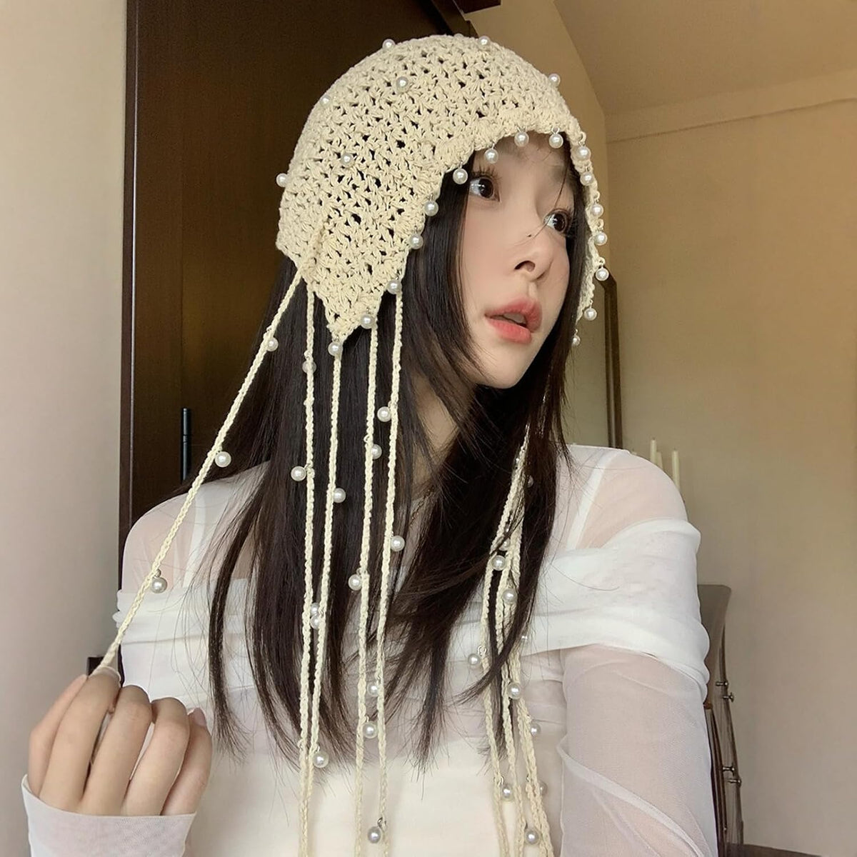 Gorros de ganchillo para mujer, boho, gorro de encaje con cuentas d...
