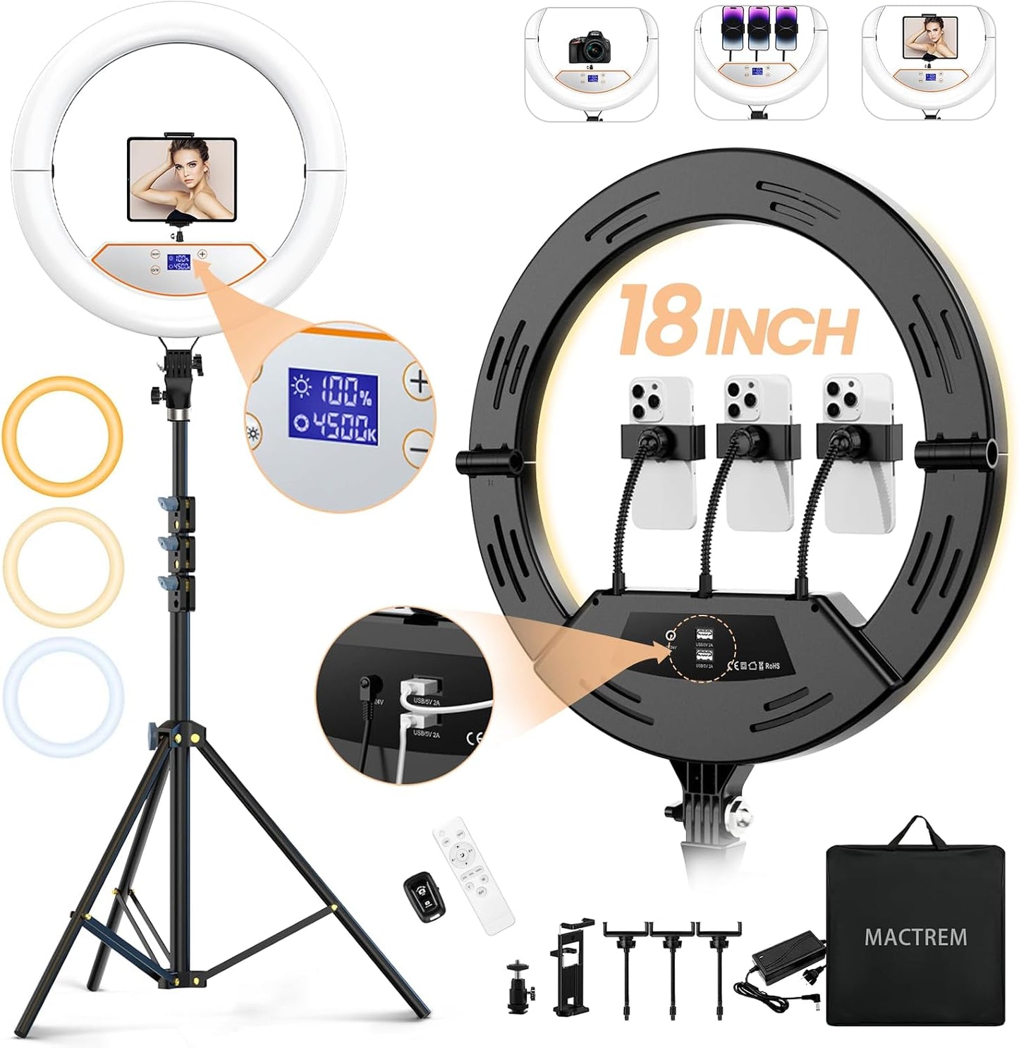 Anillo de luz plegable de 18 pulgadas con soporte para iPhone iPad,...