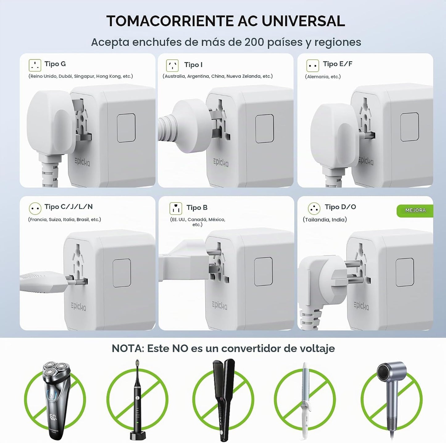 EPICKA 45W Adaptador de viaje universal PD&amp;QC, 1AC\/3USB-C\/2US...
