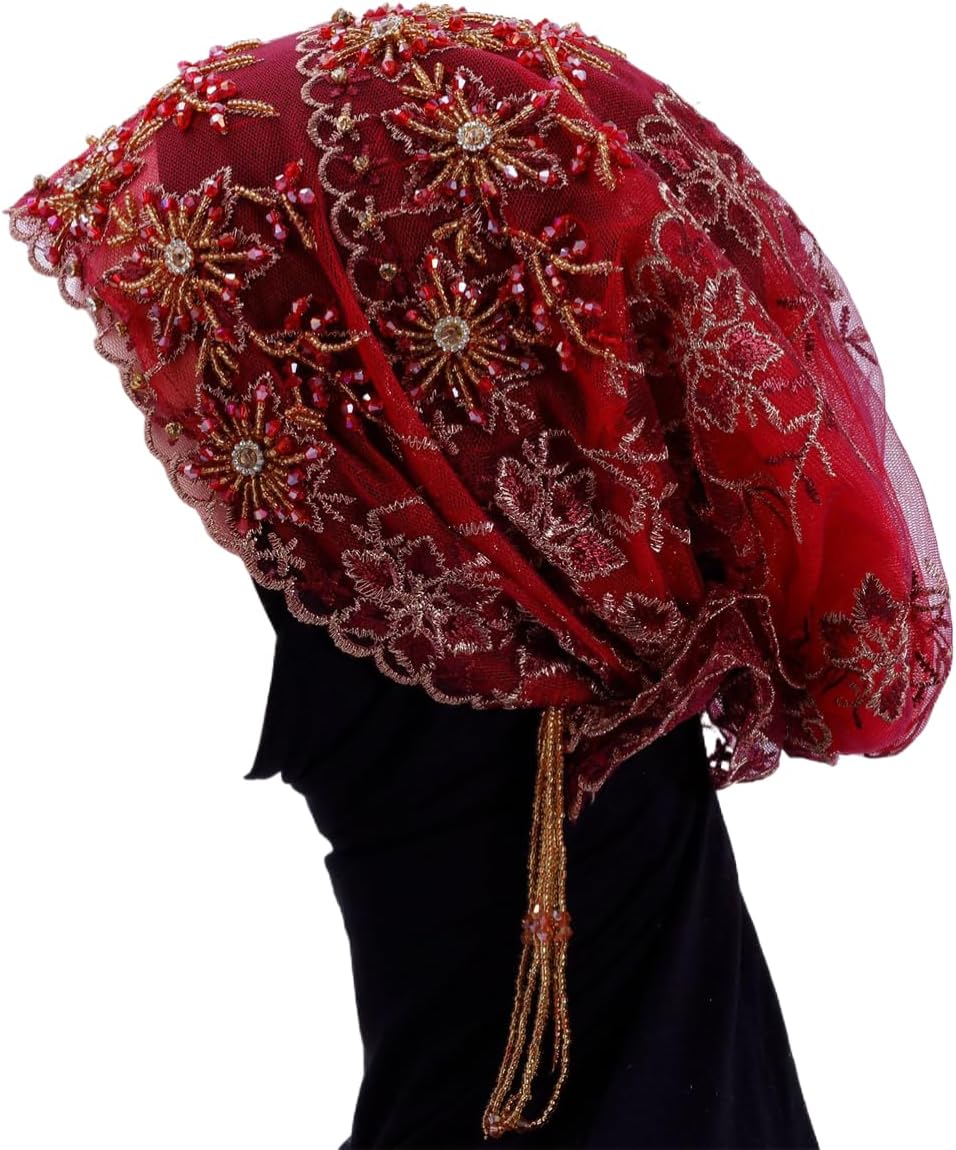 Turbante para mujer, con cuentas de encaje, musulmán, hijab, gorro...