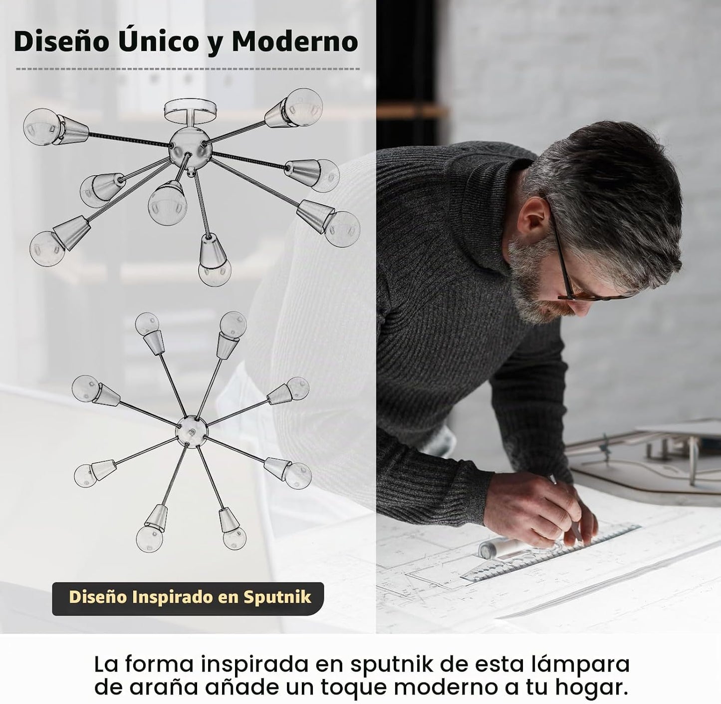 Candelabro Sputnik moderno, 8 luces de techo negras y doradas | Fác...