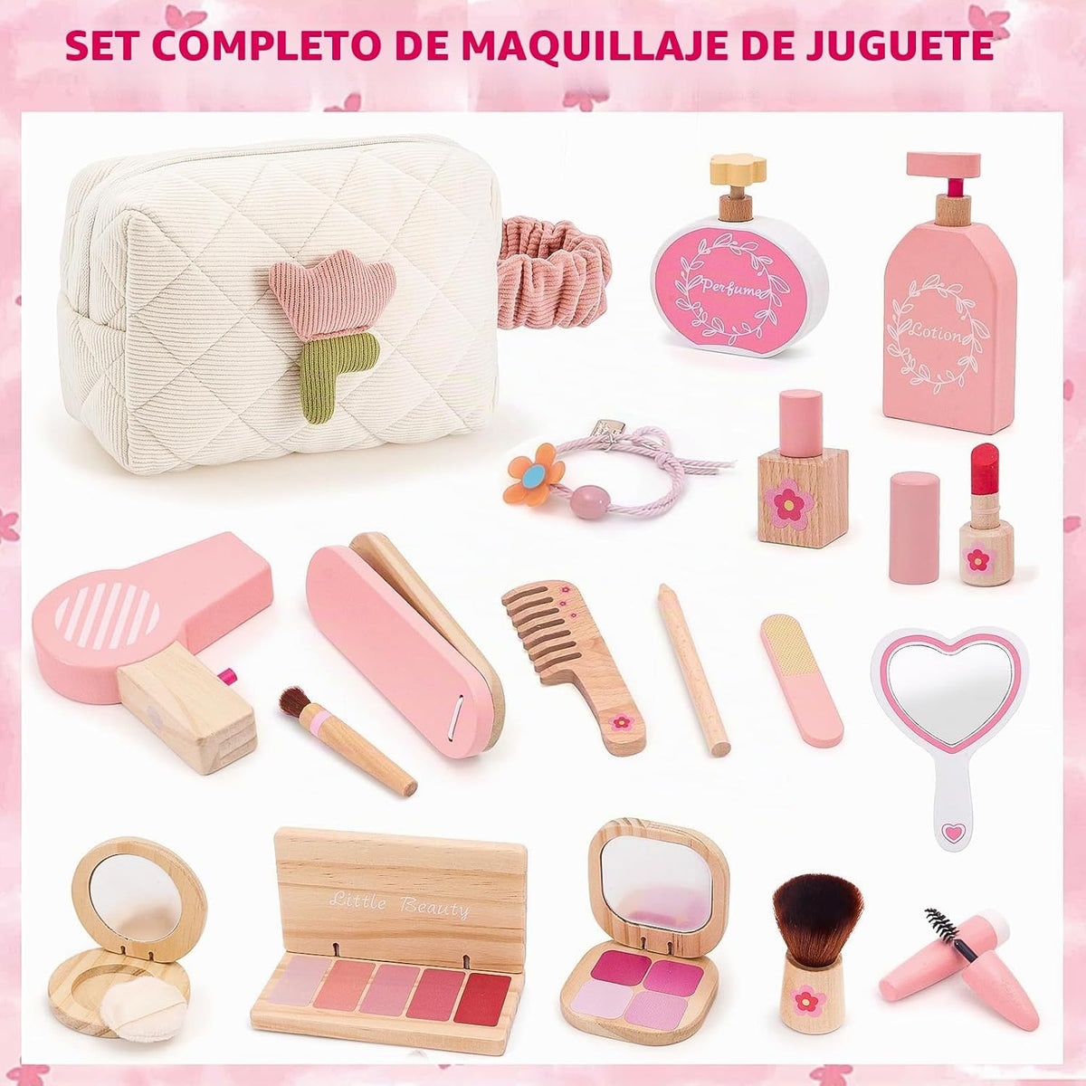 Juego de juguetes de maquillaje de madera para niñas, kit de maquil...