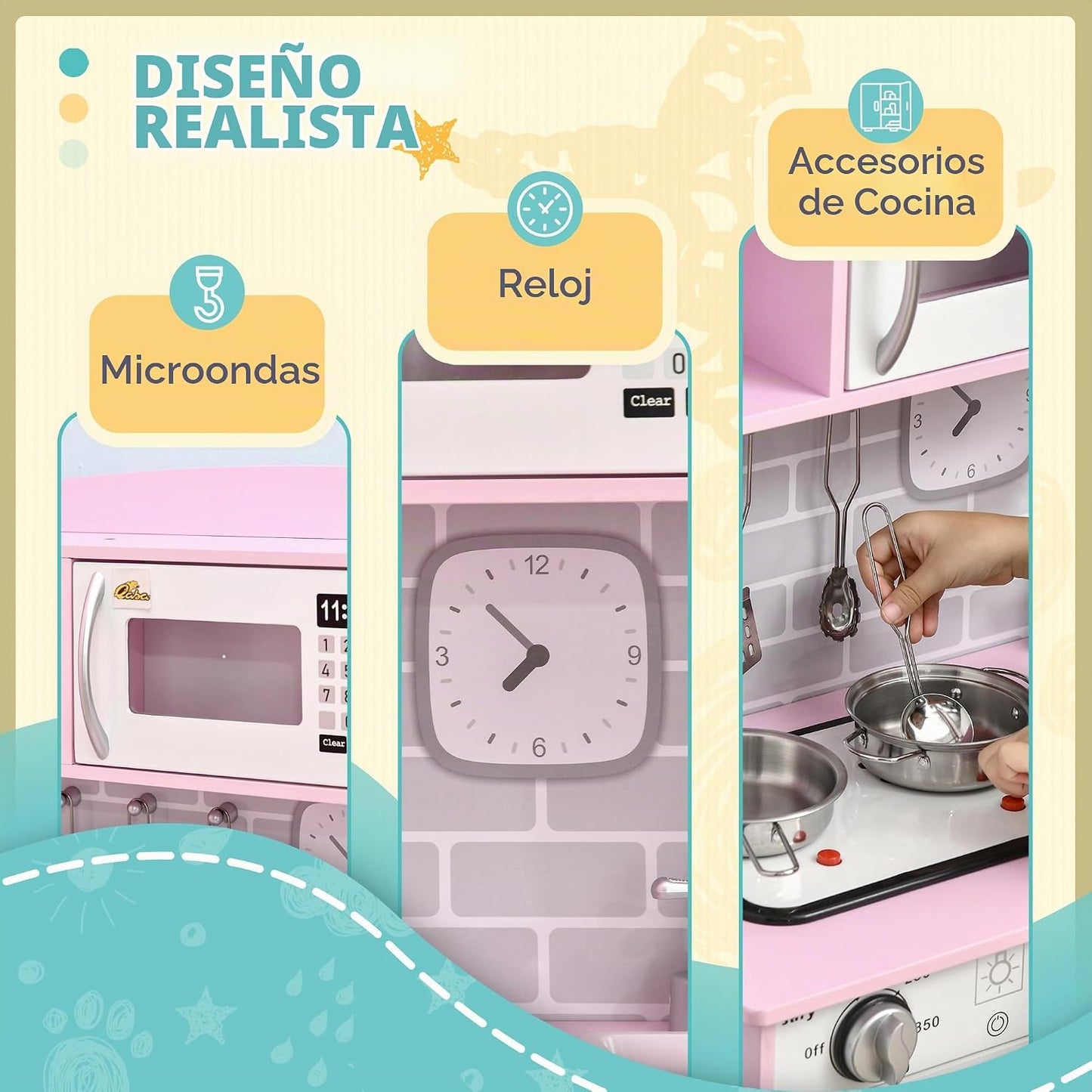 Qaba Juego de juguetes de cocina para niños, luces de estufa de 3 a...