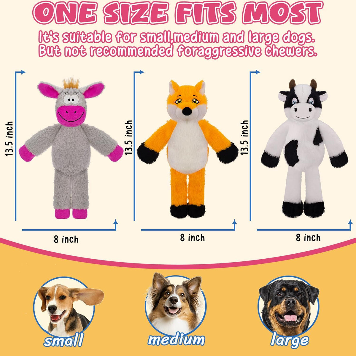 Paquete de 3 juguetes chirriantes para perros sin relleno, felpa co...