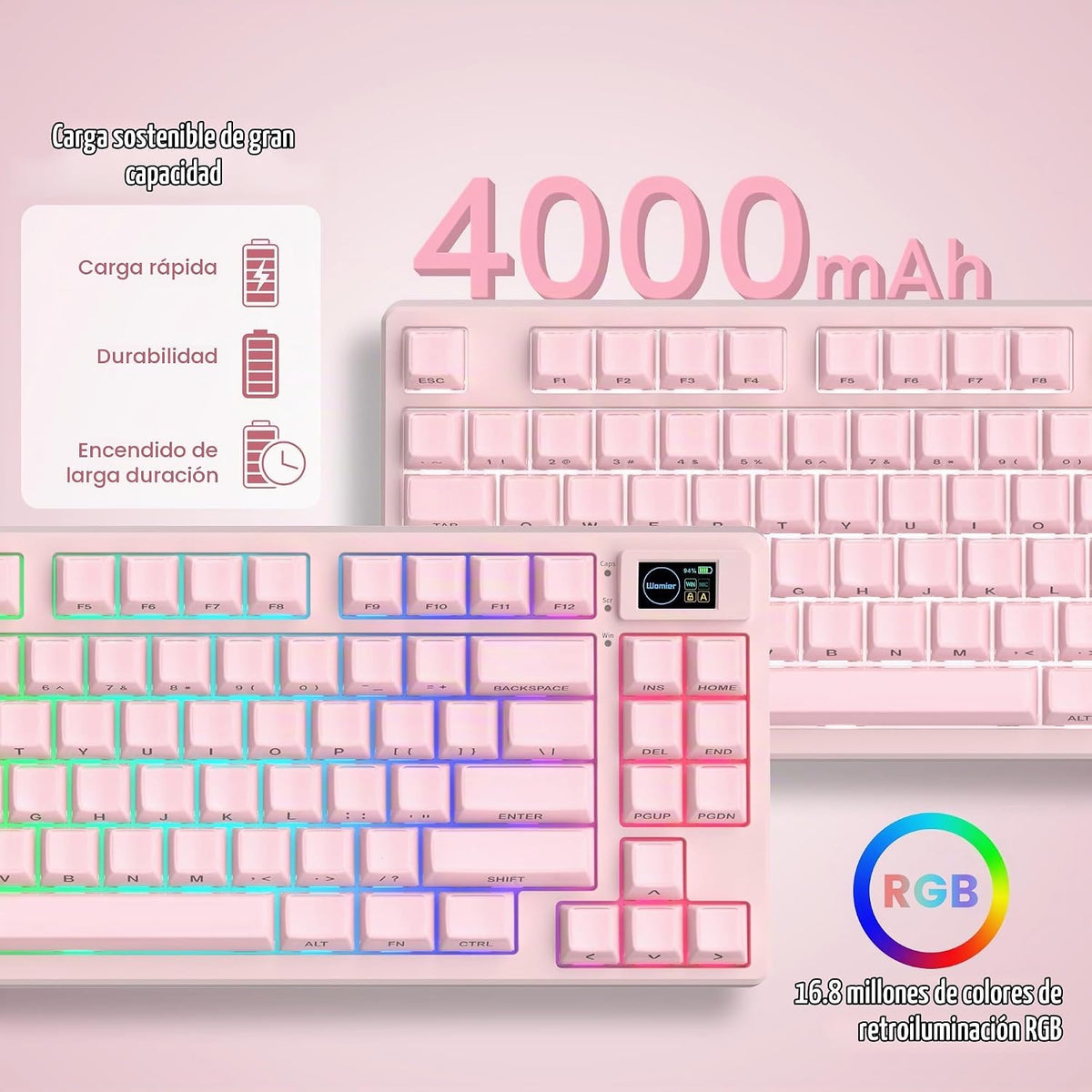 Womier Teclado Mecánico Inalámbrico Rosa Cremoso 75% con Pantalla M...