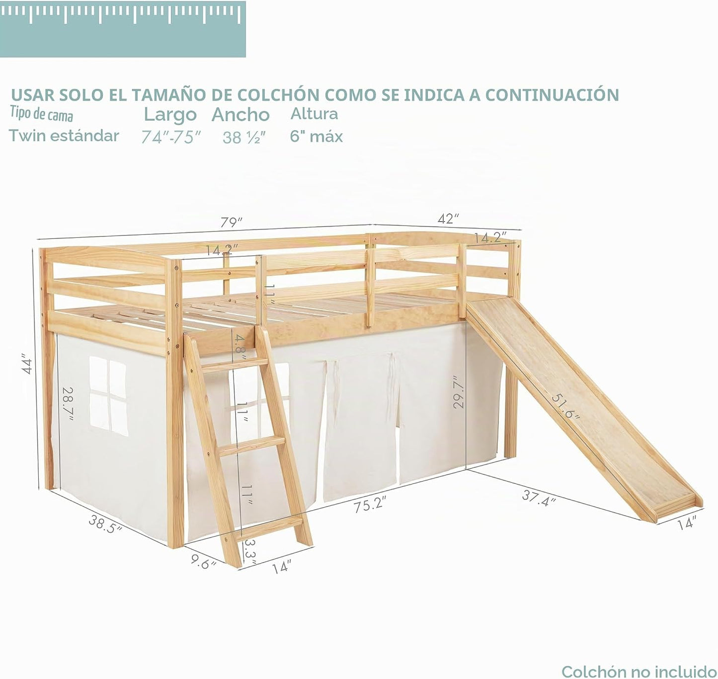 Spirich Cama tipo loft para niños con tobogán y escalera, marcos de...