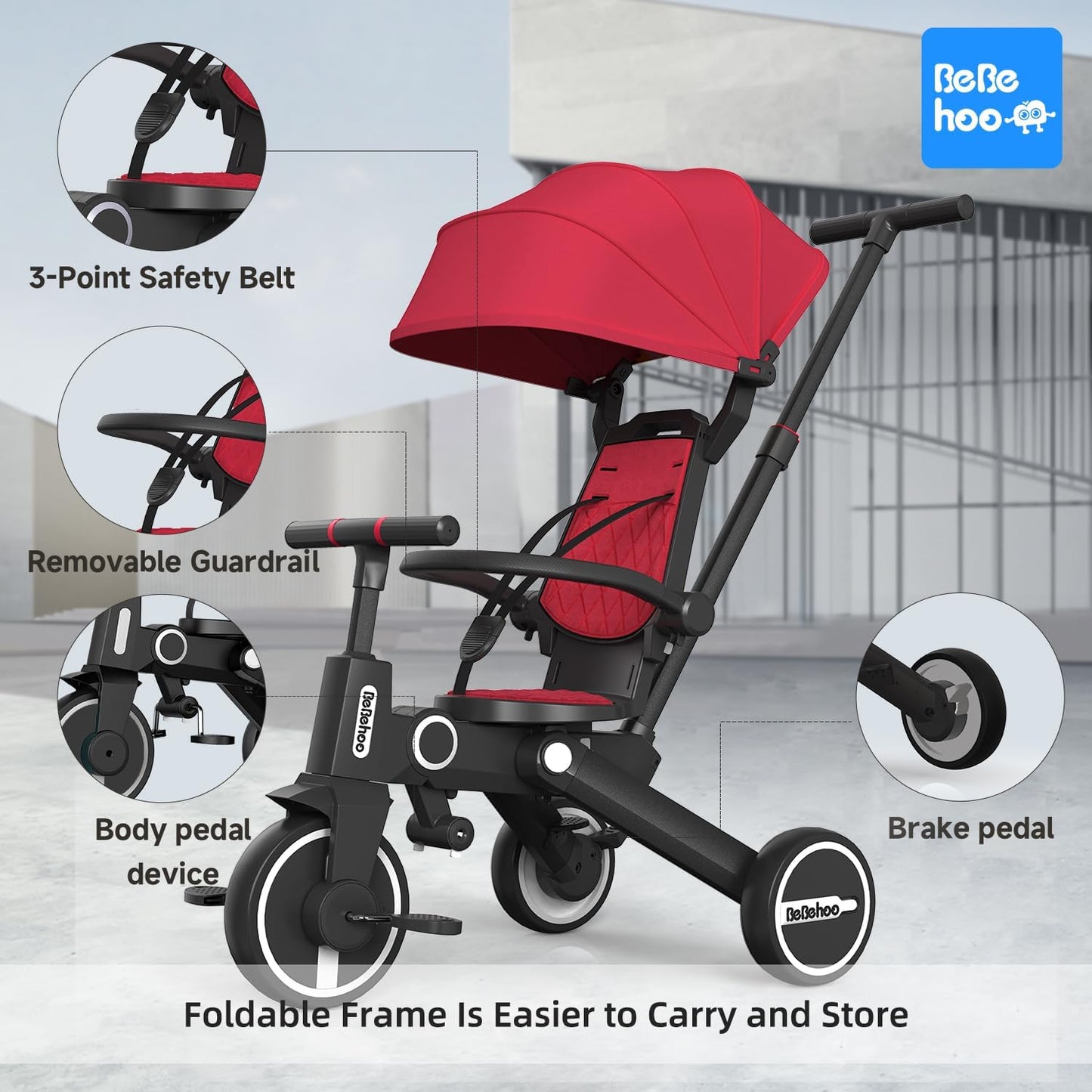 Bebehoo Cochecito de triciclo para niños pequeños, triciclo plegabl...