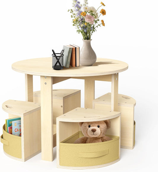 bbgroundgrm Juego de mesa y silla con 4 taburetes de almacenamiento...