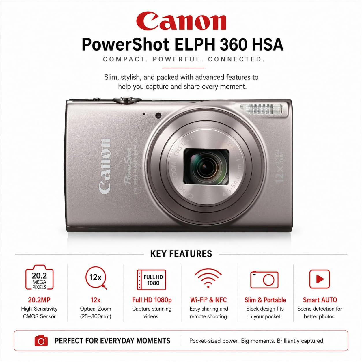 Canon PowerShot ELPH 360 HS - Paquete de cámara digital con tarjeta...