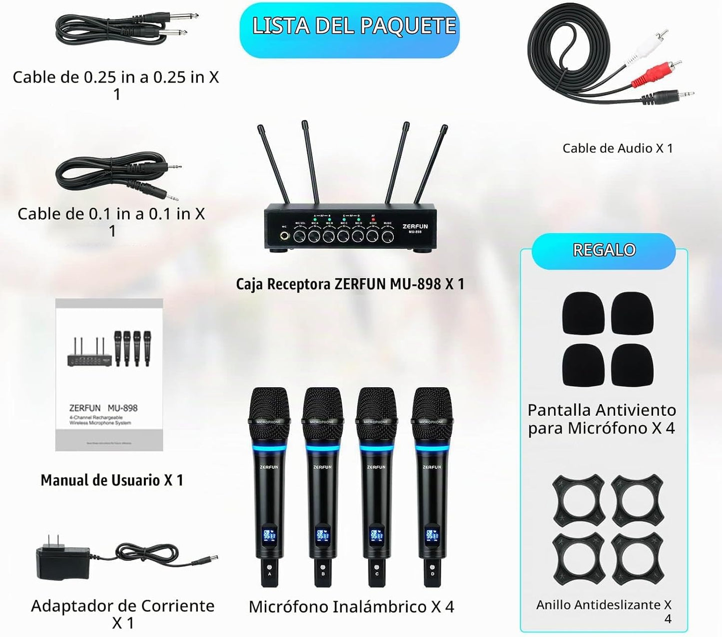 ZERFUN Sistema de Micrófono Inalámbrico Recargable de 4 Canales, Mi...