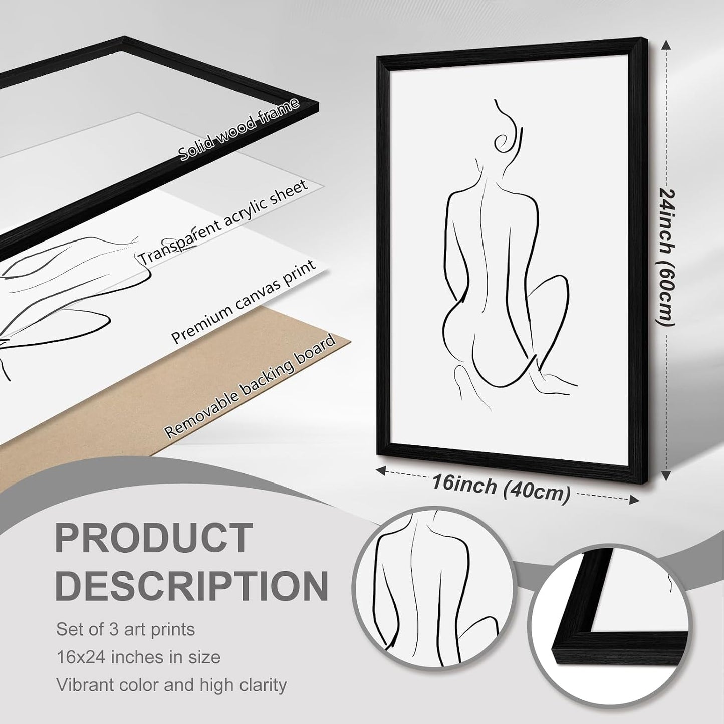 Arte de pared de línea minimalista con contorno de cuerpo de mujer,...