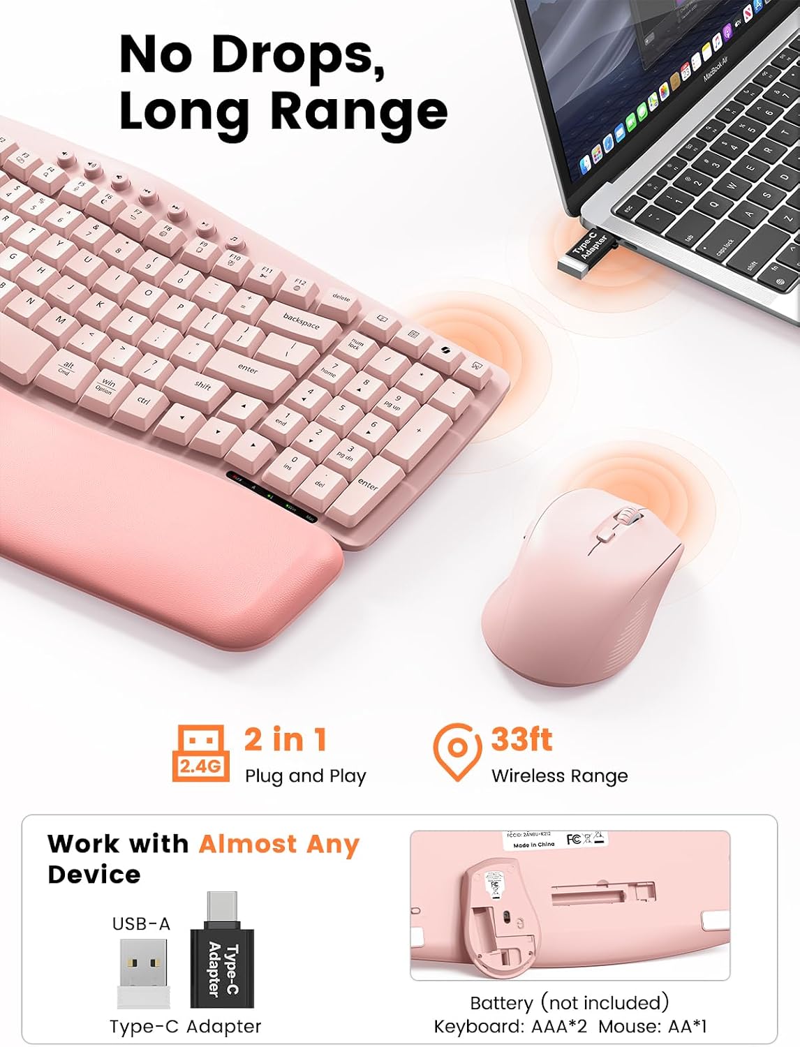 SABLUTE MA61 Wave Keys Combo Teclado inalámbrico ergonómico y ratón...