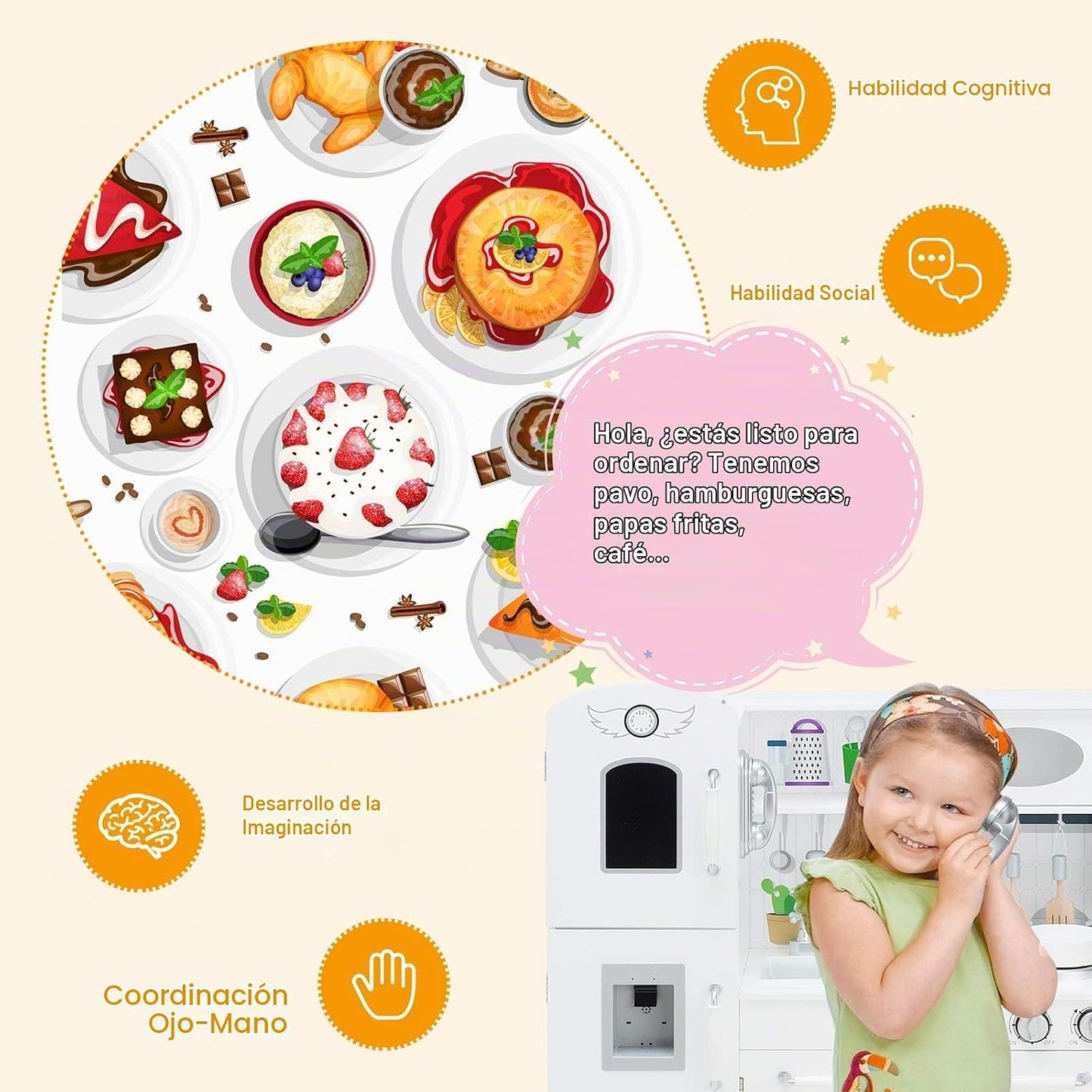 Costzon Juego de cocina para niños, cocina de juguete de madera con...