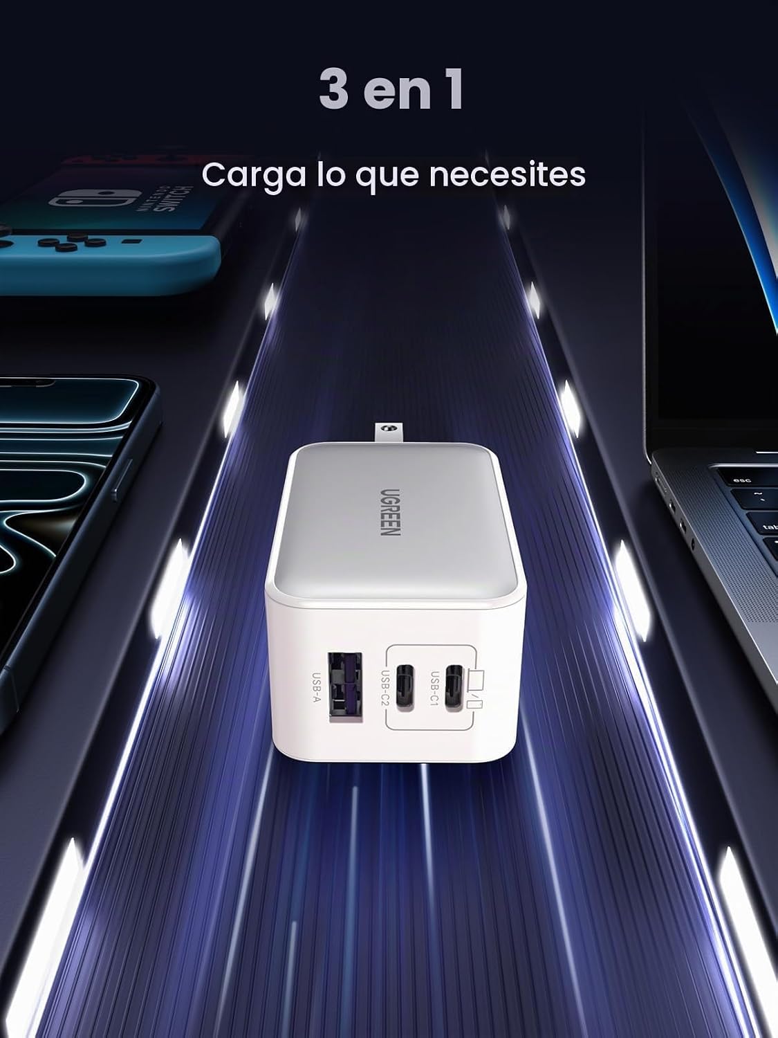 UGREEN Bloque de cargador USB C de 65 W, Nexode 3 puertos GaN Fast...